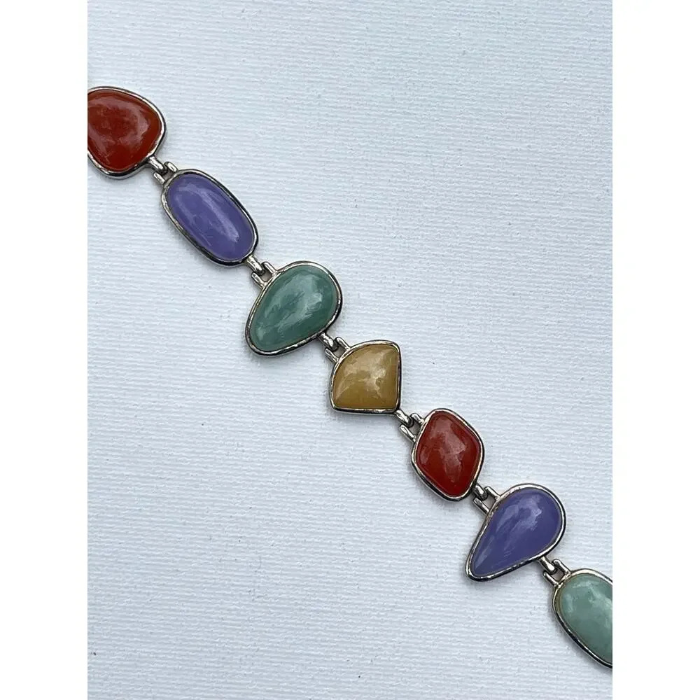Vintage Sterling Silver Multicolor Jade Bracelet 26 grams
